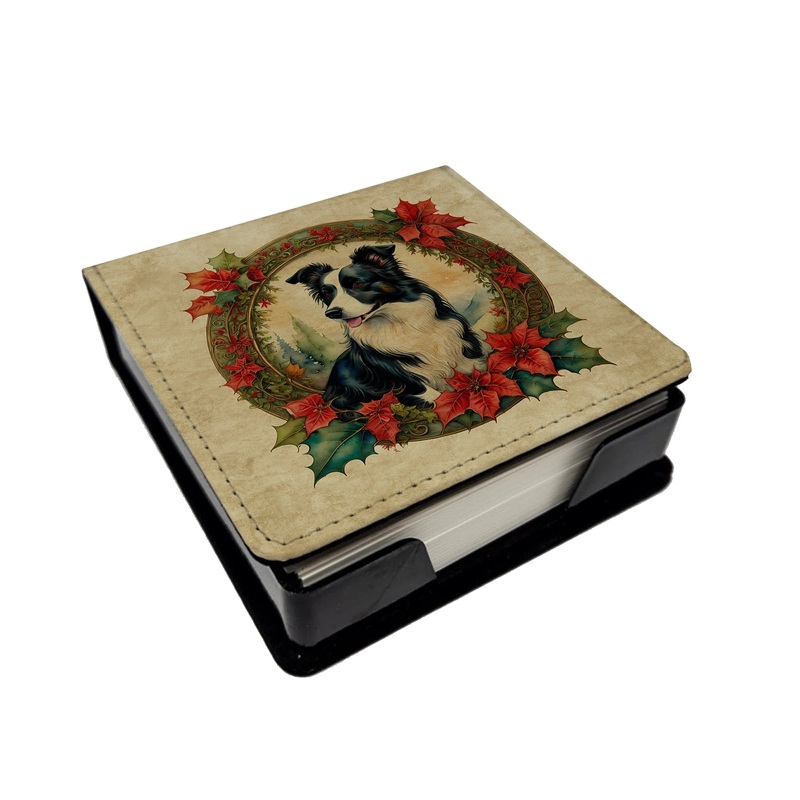 Border Collie Christmas Flowers PU Leather Note Paper Holder