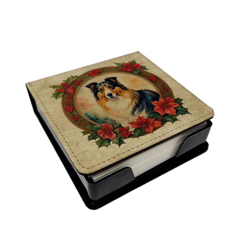 Collie Christmas Flowers PU Leather Note Paper Holder