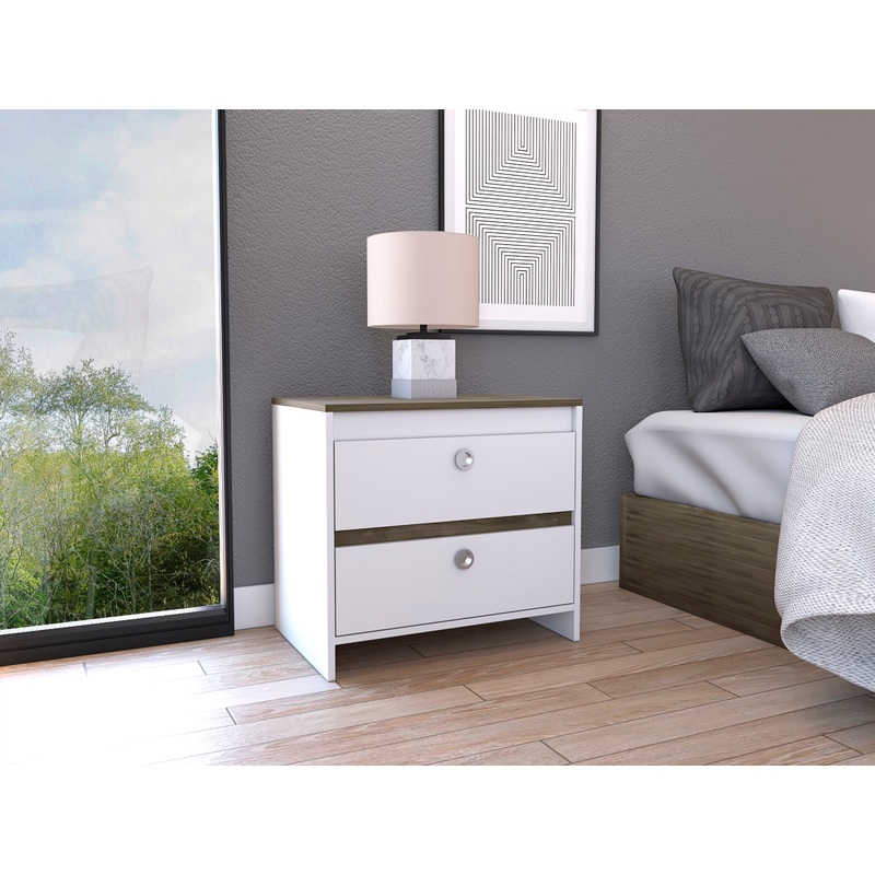 Idaly Nightstand, Superior Top, Two Drawers -White / Dark Brown