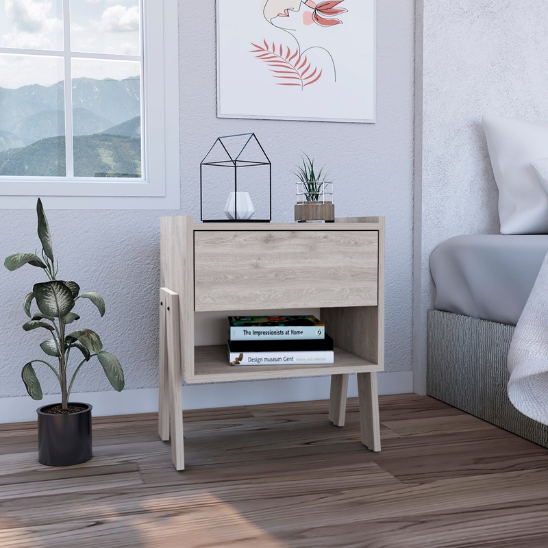 Joy Nightstand, Four Legs, One Open Shelf, One Drawer -Light Gray