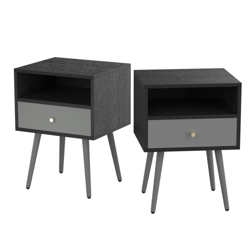 Modern Bedside Tables Set of 2, Nightstand with 1 Storage Drawer -Chic Simple Assembly End Side Table, Sofa Table, for bedroom/living room/office (2pcs, dark grey)