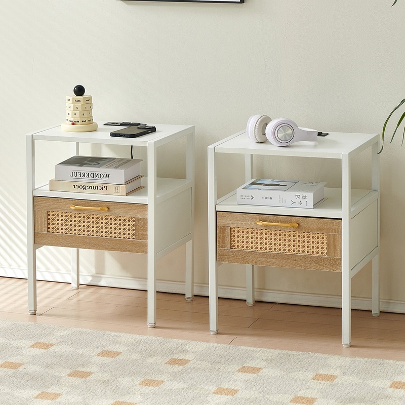 Set of 2, 15.75" Rattan End table with Power Outlet & USB Ports, Modern nightstand with drawer and metal legs, side table for living room, bedroom,white