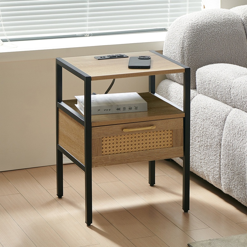 15.75" Rattan End table with Power Outlet & USB Ports, Modern nightstand with drawer and metal legs, side table for living room, bedroom,natural(1 PC)
