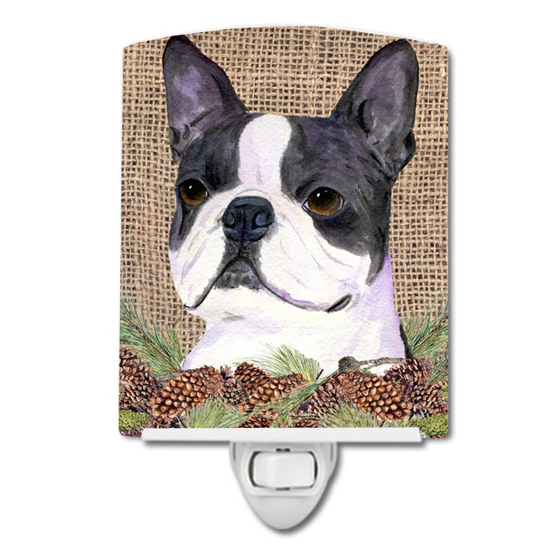 Boston Terrier on Faux Burlap with Pine Cones Ceramic Night Light SS4105CNL