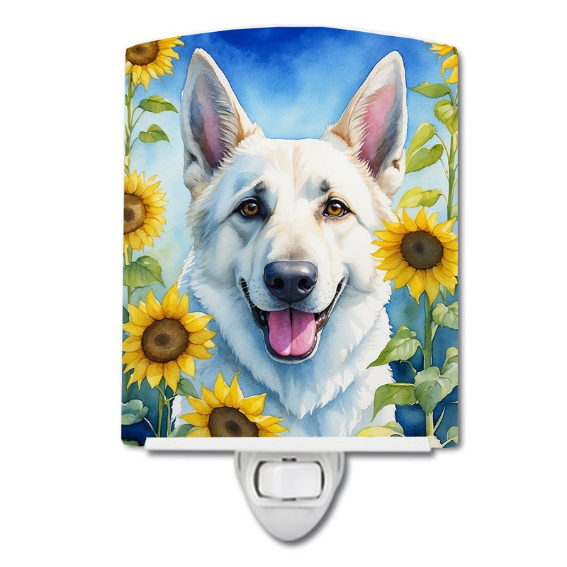 White German Shepherd in Sunflowers Ceramic Night Light
