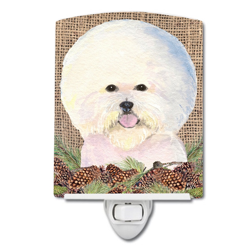Bichon Frise on Faux Burlap with Pine Cones Ceramic Night Light SS4106CNL