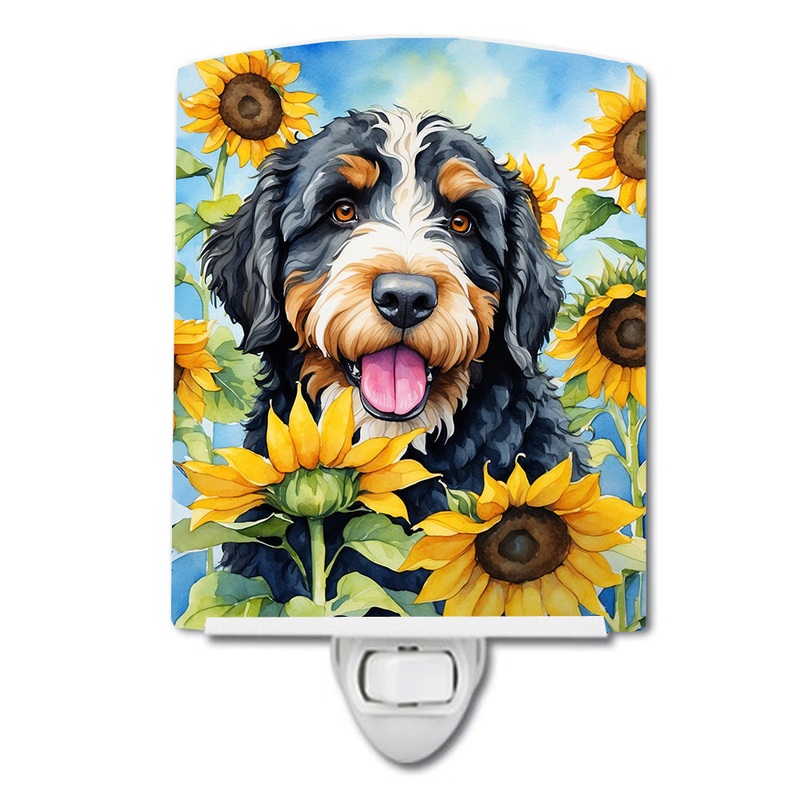 Bernedoodle in Sunflowers Ceramic Night Light