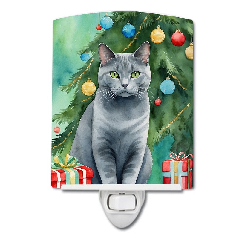 Chartreux Cat By the Christmas Tree Ceramic Night Light
