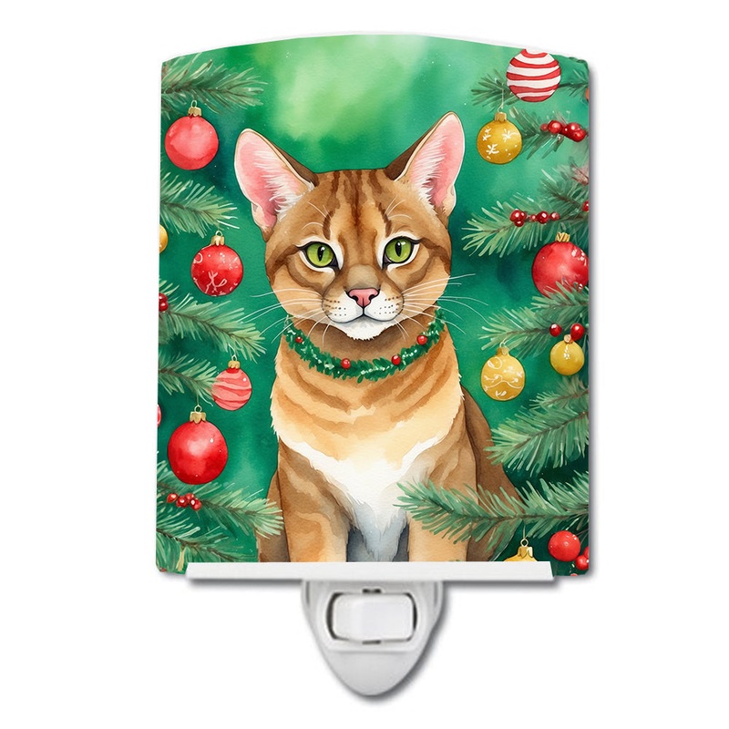 Chausie Cat By the Christmas Tree Ceramic Night Light