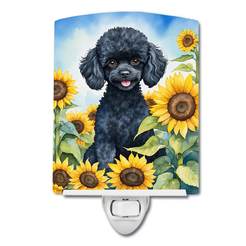 Black Poodle in Sunflowers Ceramic Night Light