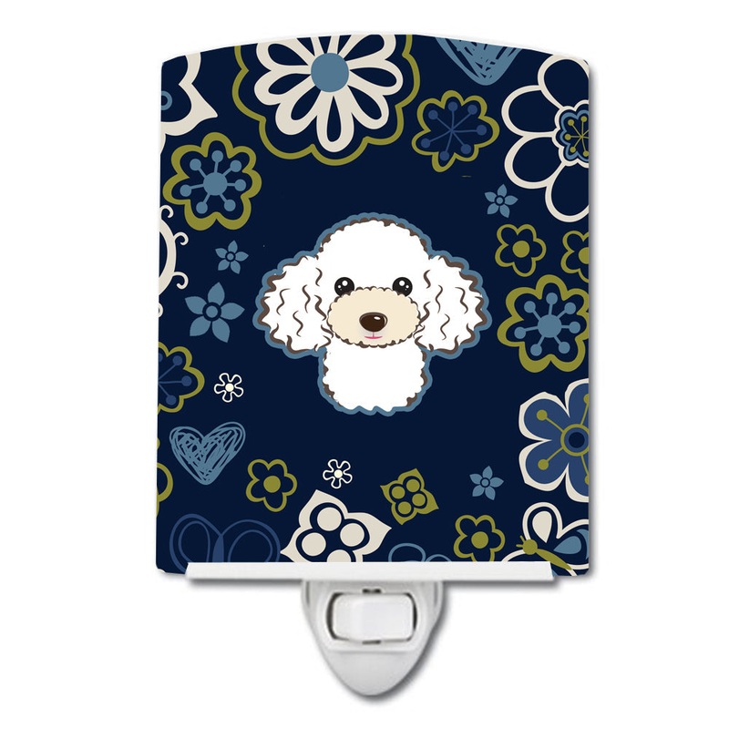 Blue Flowers White Poodle Ceramic Night Light BB5108CNL