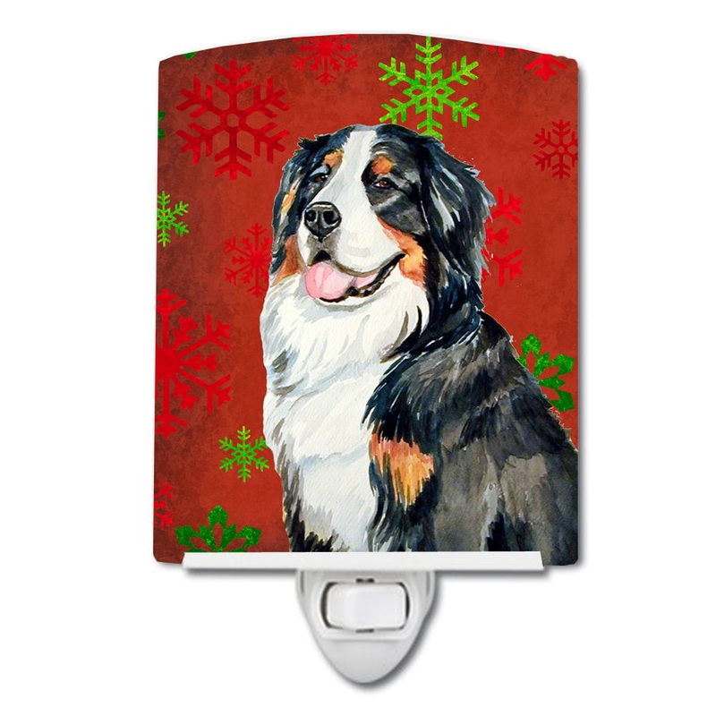 Bernese Mountain Dog Red  Green Snowflakes Holiday Christmas Ceramic Night Light LH9334CNL