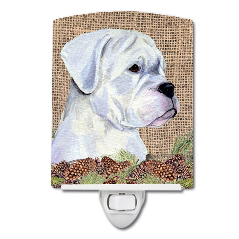 White Boxer on Faux Burlap with Pine Cones Ceramic Night Light SS4098CNL