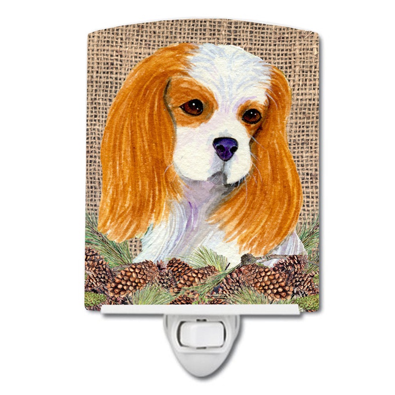 Cavalier Spaniel on Faux Burlap with Pine Cones Ceramic Night Light SS4107CNL