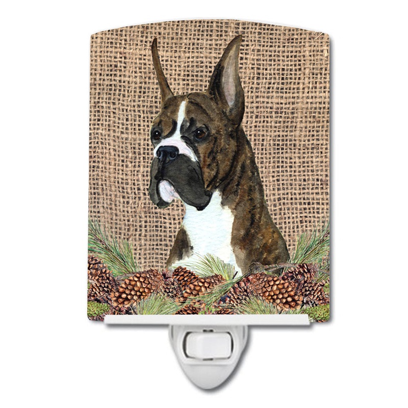 Brindle Boxer on Faux Burlap with Pine Cones Ceramic Night Light SS4097CNL