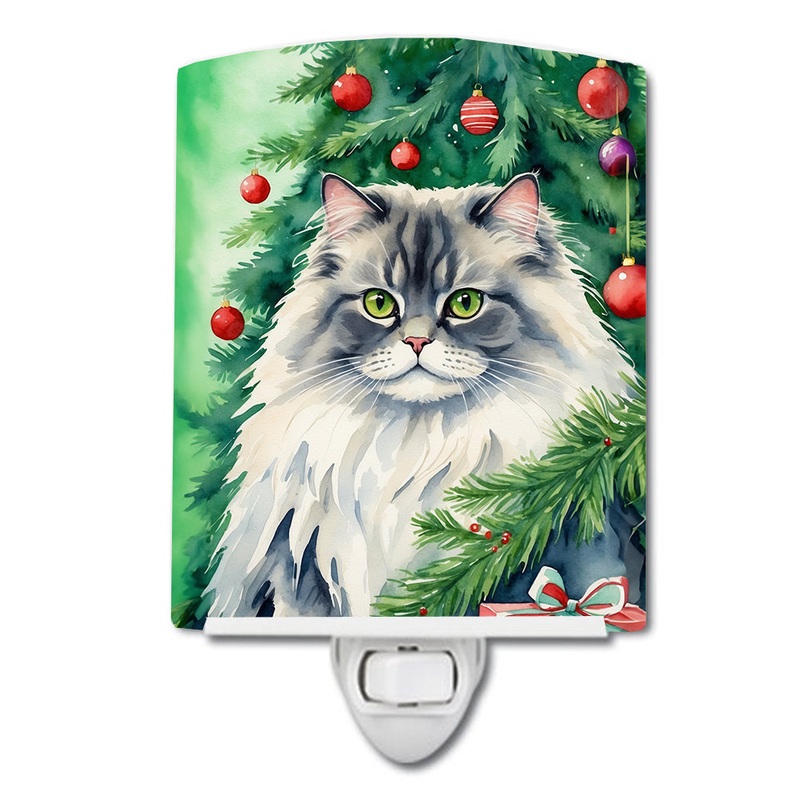 British Longhair Cat By the Christmas Tree Ceramic Night Light