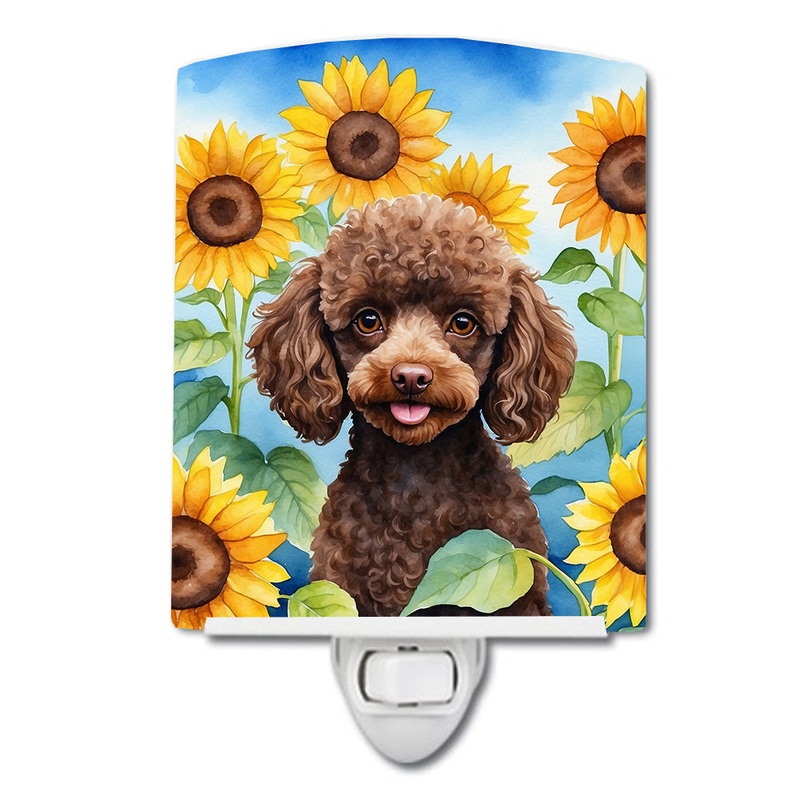 Chocolate Poodle in Sunflowers Ceramic Night Light