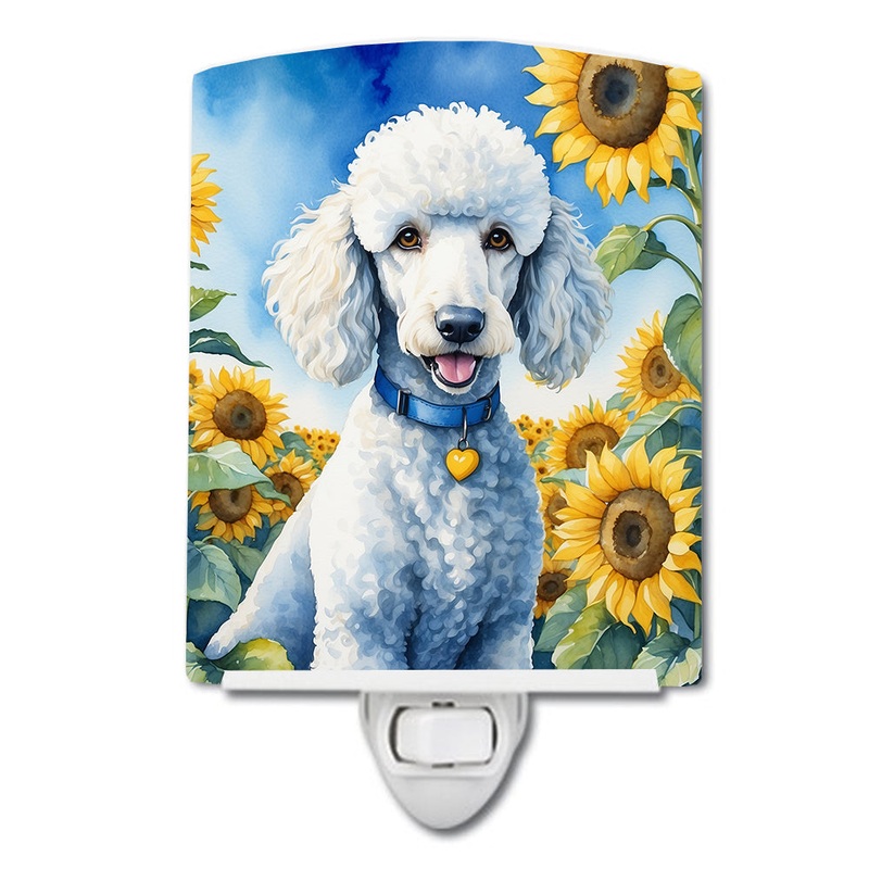 White Poodle in Sunflowers Ceramic Night Light