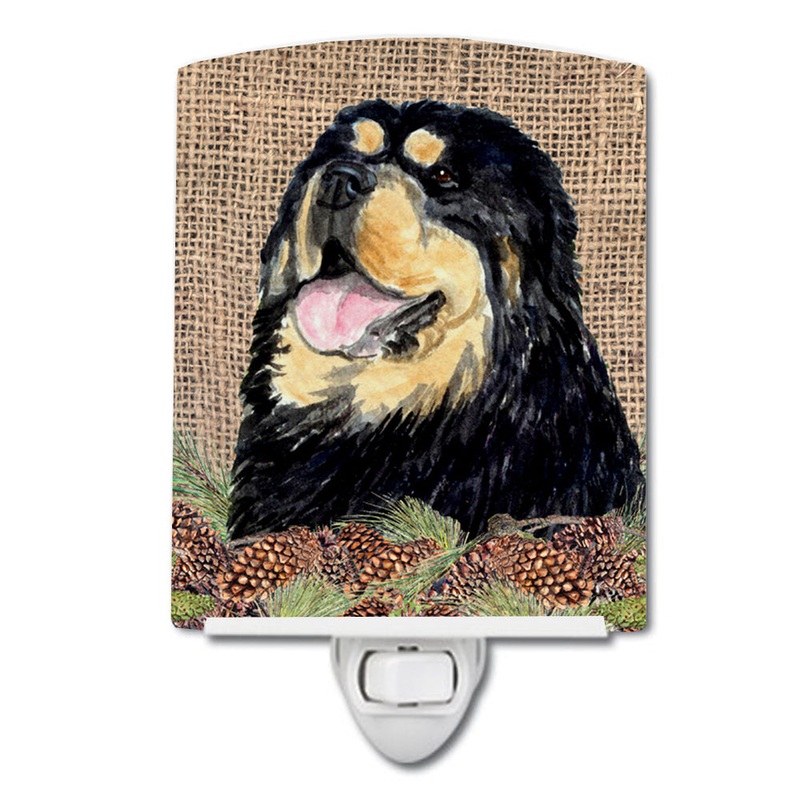 Tibetan Mastiff on Faux Burlap with Pine Cones Ceramic Night Light SS4101CNL