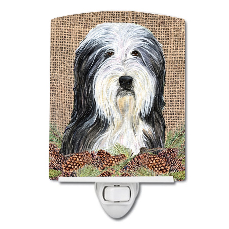 Bearded Collie on Faux Burlap with Pine Cones Ceramic Night Light SS4087CNL