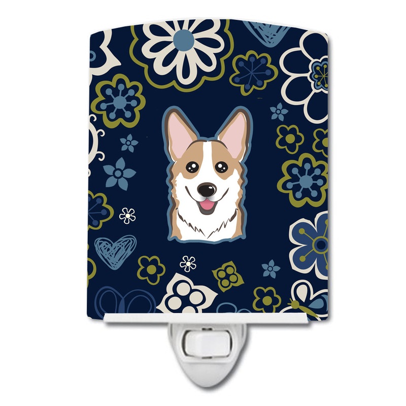 Blue Flowers Sable Corgi Ceramic Night Light BB5104CNL