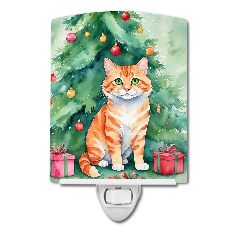 Cheetoh Cat By the Christmas Tree Ceramic Night Light