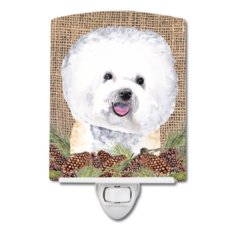 Bichon Frise Faux Burlap and Pine cones Ceramic Night Light SC9047CNL