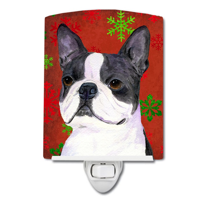 Boston Terrier Red Green Snowflakes Christmas Ceramic Night Light SS4723CNL