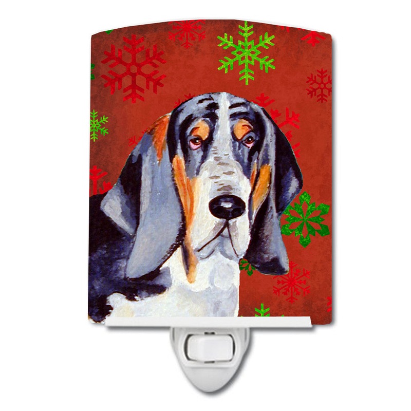 Basset Hound Red and Green Snowflakes Holiday Christmas Ceramic Night Light LH9327CNL