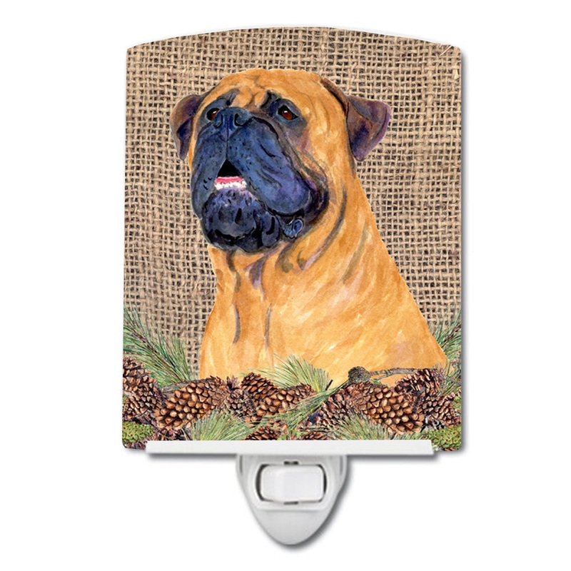 Bullmastiff on Faux Burlap with Pine Cones Ceramic Night Light SS4062CNL