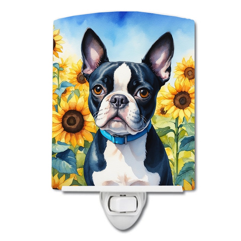 Boston Terrier in Sunflowers Ceramic Night Light
