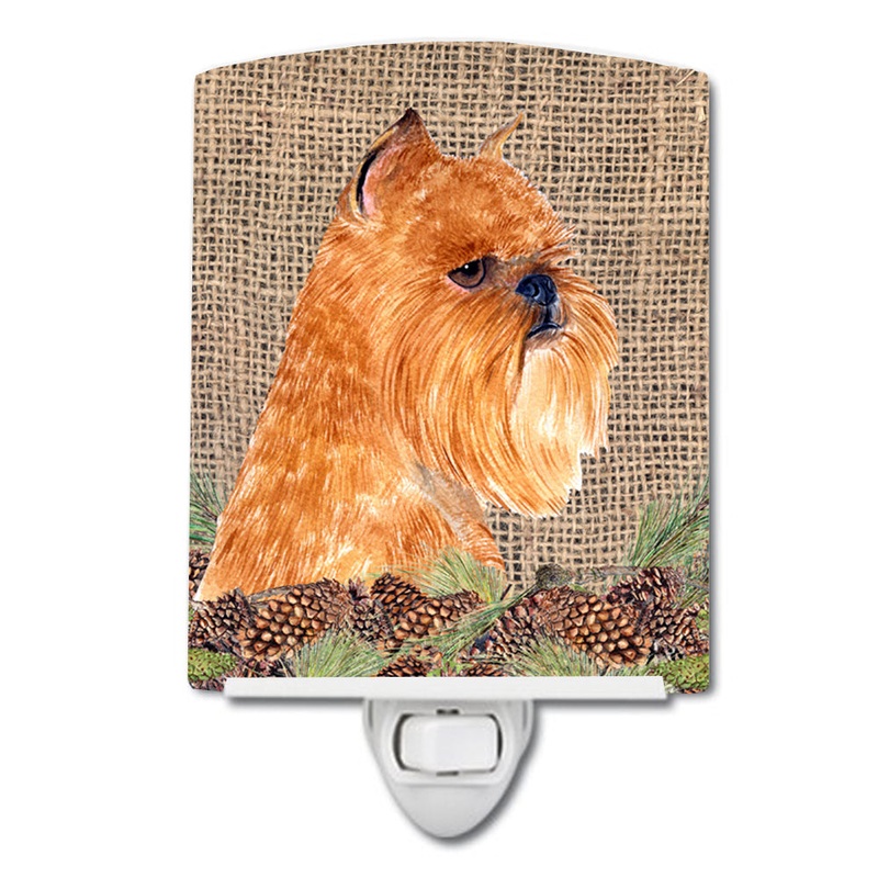 Brussels Griffon on Faux Burlap with Pine Cones Ceramic Night Light SS4084CNL