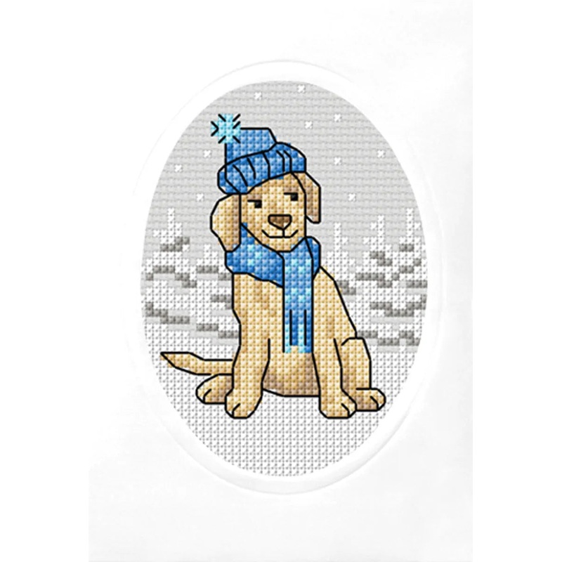 Complete counted cross stitch kit - greetings card Dog in a Blue Hat 6320