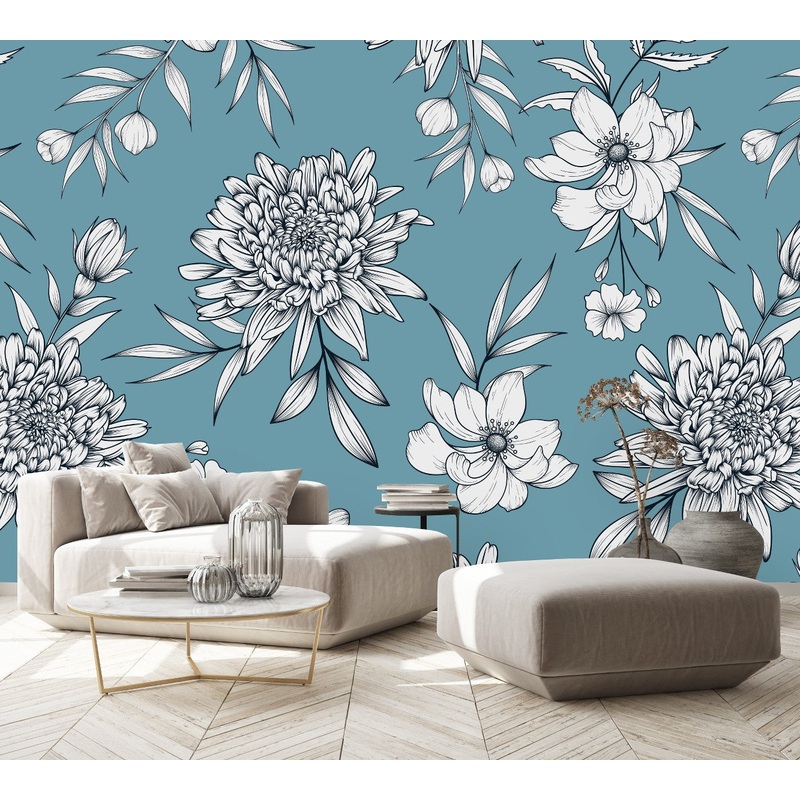 Blue Wallpaper with Asters
