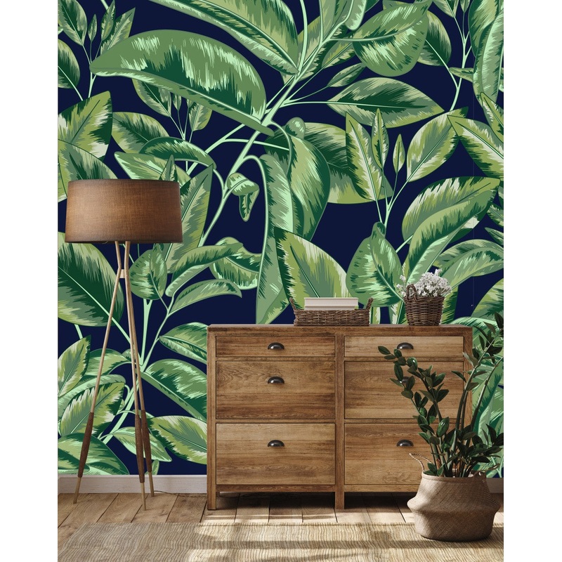 Contemporary Dark Wallpaper with Green Leaves Tasteful High-Quality