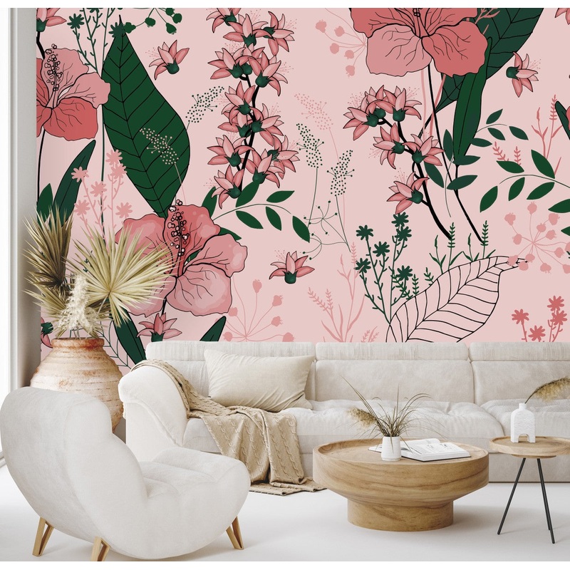 Contemporary Modern Pink Wallpaper with Pink Flowers
