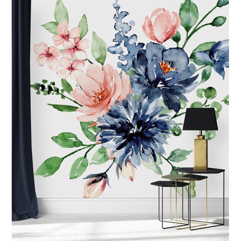 Dark Blue and Pink Flowers Wallpaper