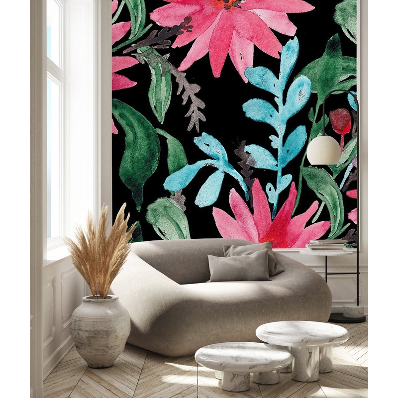 Dark Wallpaper with Brightly Pink Flowers