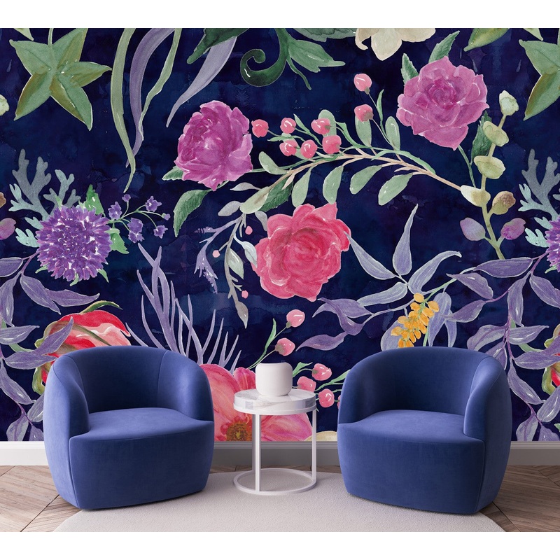 Fashionable Modern Dark Blue Wallpaper with Flowers