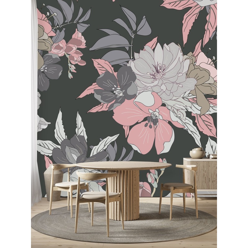 Grey Wallpaper with Pink Flowers