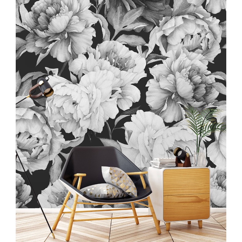 Large Peony on Black Background Wallpaper Mural