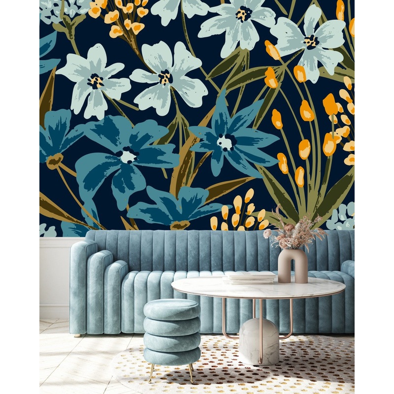 Orange Little Flowers and Blue Flowers Wallpaper