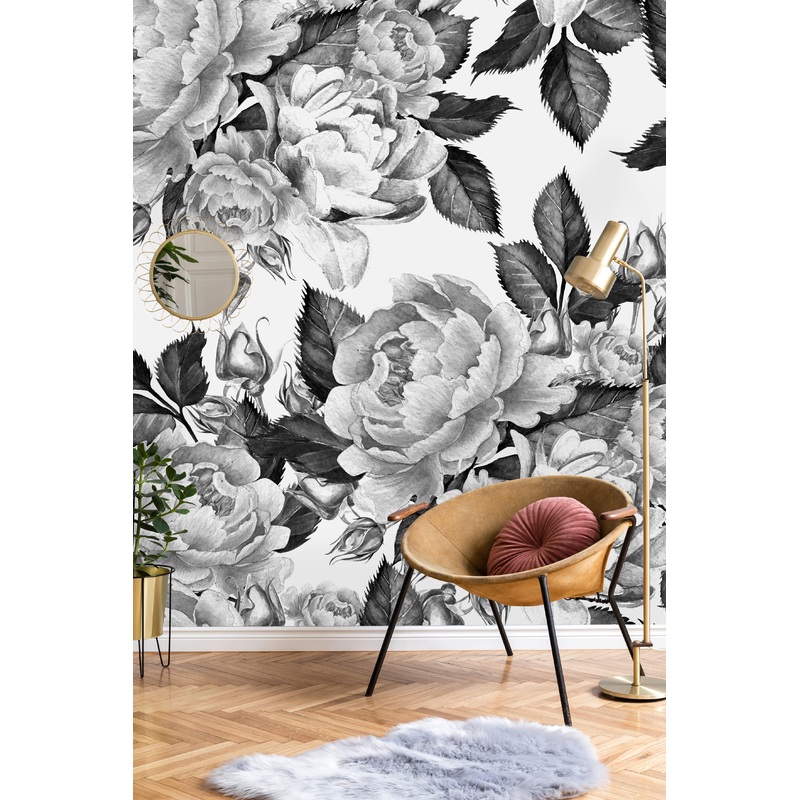 Peonies Flowers Watercolor  Black and White Wallpaper Mural