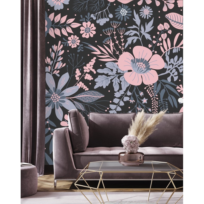 Pink Flowers and Leaves on Dark Background Wallpaper