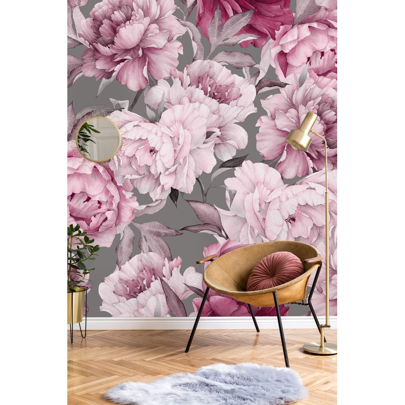 Pink Peony on Gray Background Wallpaper Mural