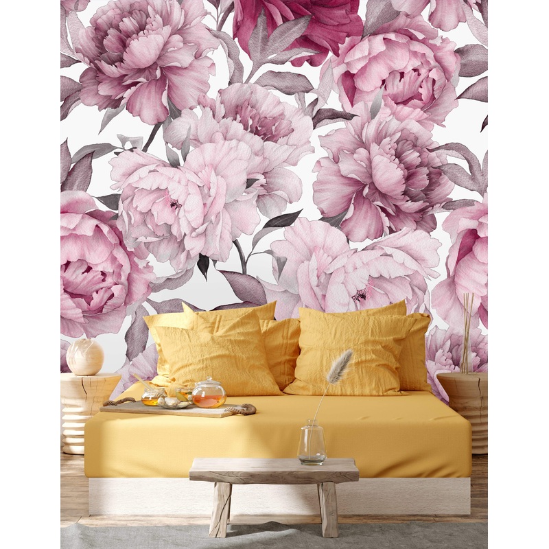 Pink Peony on White Background Wallpaper Mural