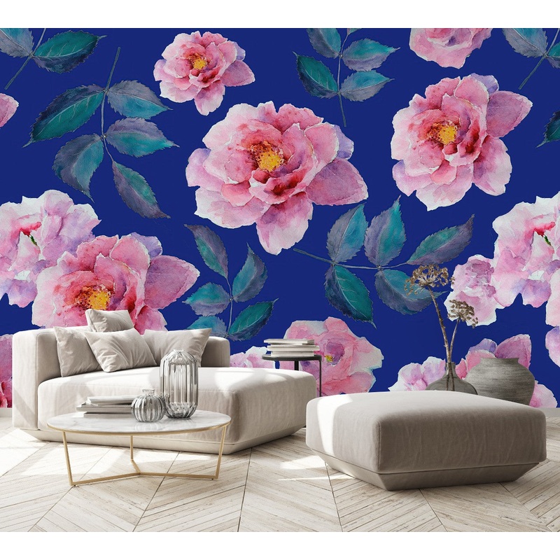 Pink Roses on Blue Wallpaper