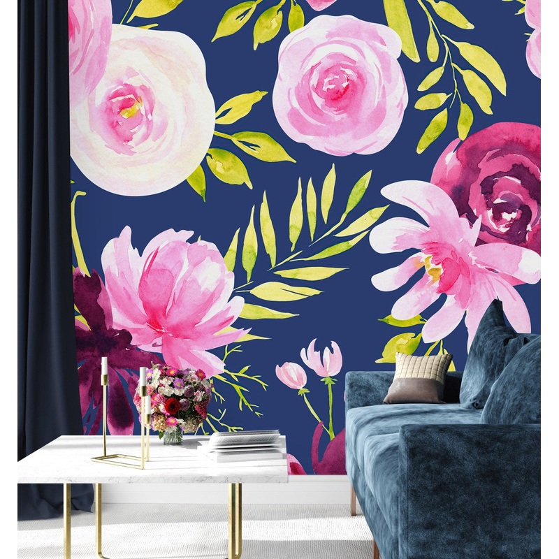 Stylish Modern Dark Blue Wallpaper with Pink Flowers