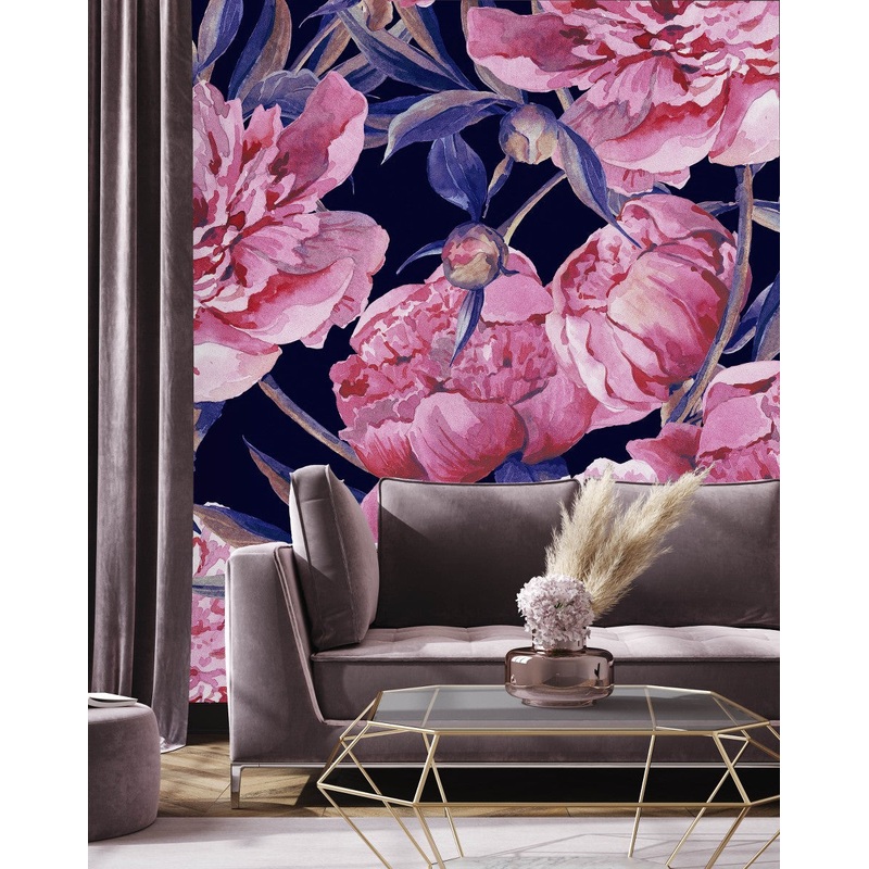 Stylish Pink Peonies Contemporary Wallpaper