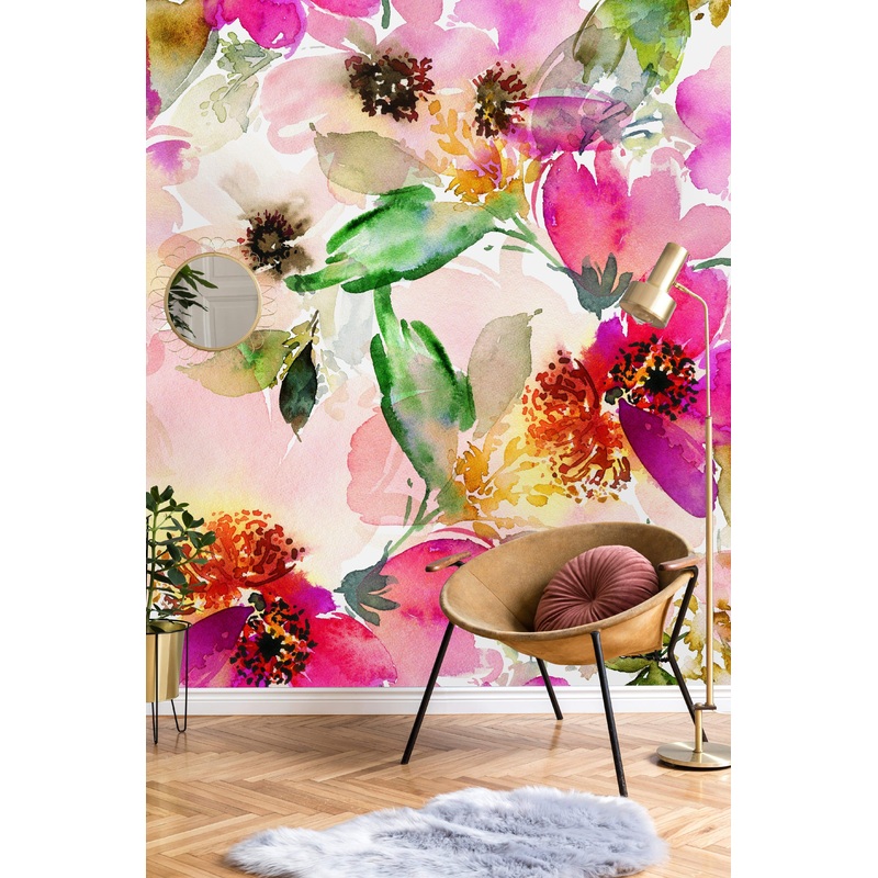 Summer Pattern with Watercolor Flowers Wallpaper Mural